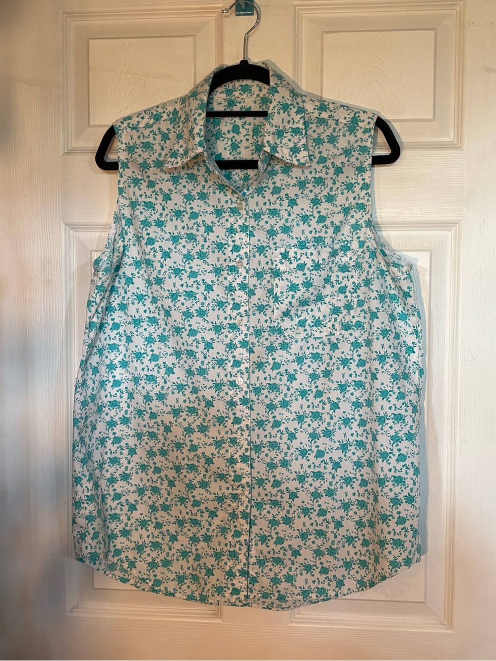 Vintage Sleeveless Floral Button-Front Shirt - Teal/White